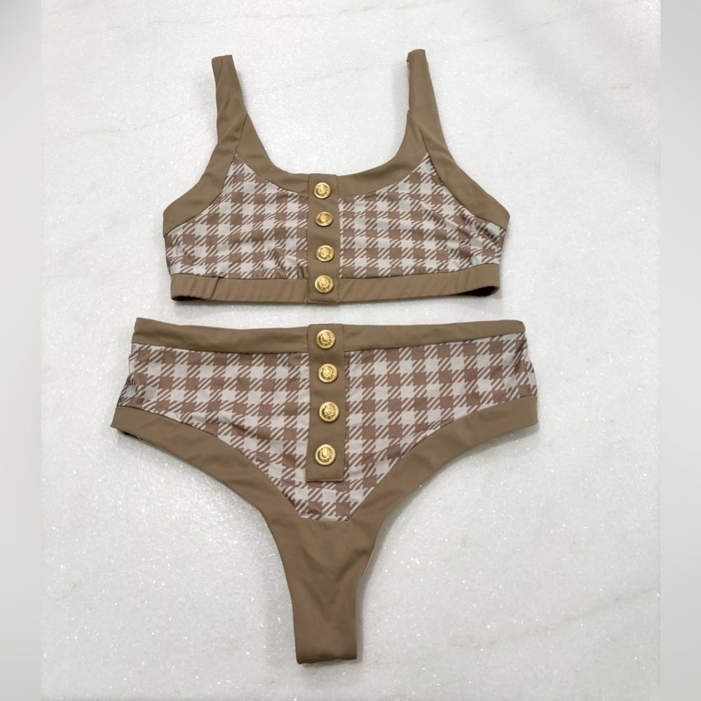 Beach Riot Taupe Houndstooth Button-Front Bikini Set